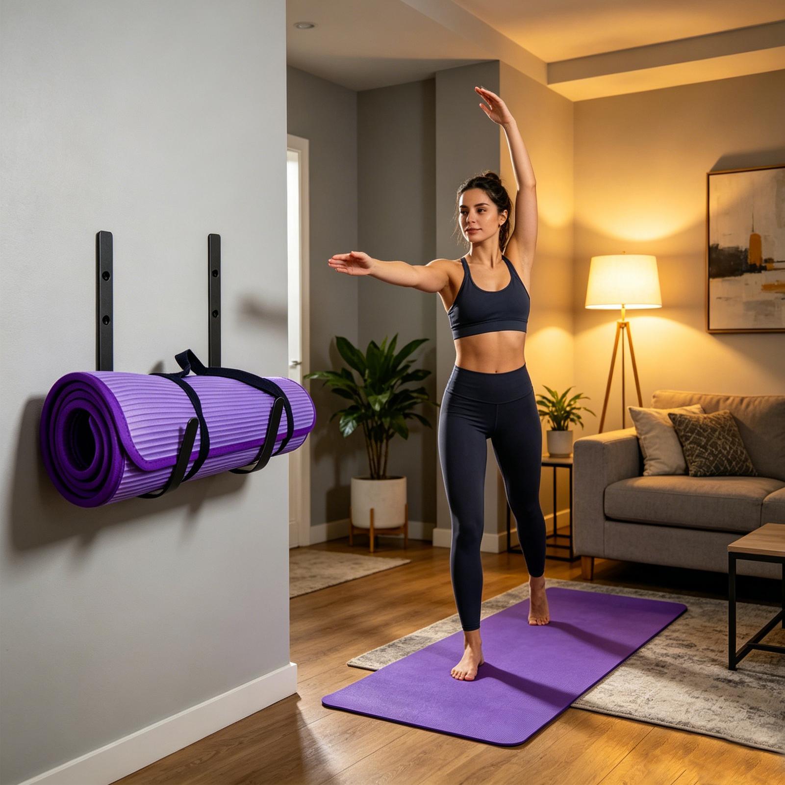 Pilates Yoga Garage - ชั้นวางเสื่อโยคะแบบติดผนังพร้อมที่เก็บโฟมโรลเลอร์ ดีไซน์โค้ง สำหรับจัดเก็บเสื่อโยคะในห้อง โรงรถ สตูดิโอ ฟิตเนส
